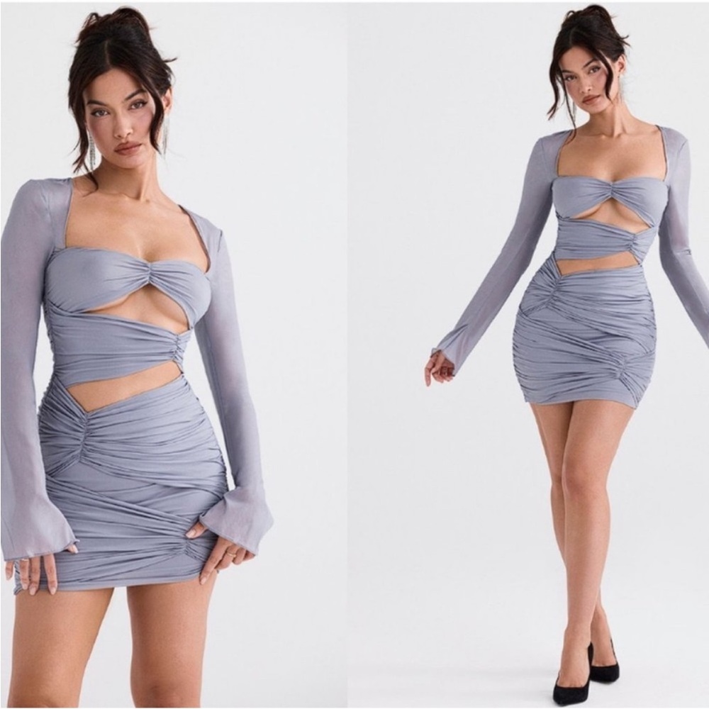 House of CB ‘Camille’ Dove Grey Real Silk Mini Dress NWOT Size XS
